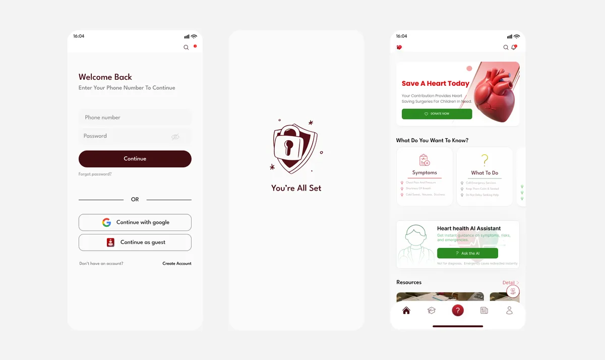 Heart Attack Ethiopia mobile app UI/UX design